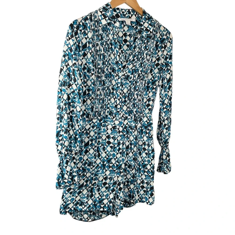 Women's DVF Geometric Print‎ Long Sleeve Mini Romper Collared Button Down